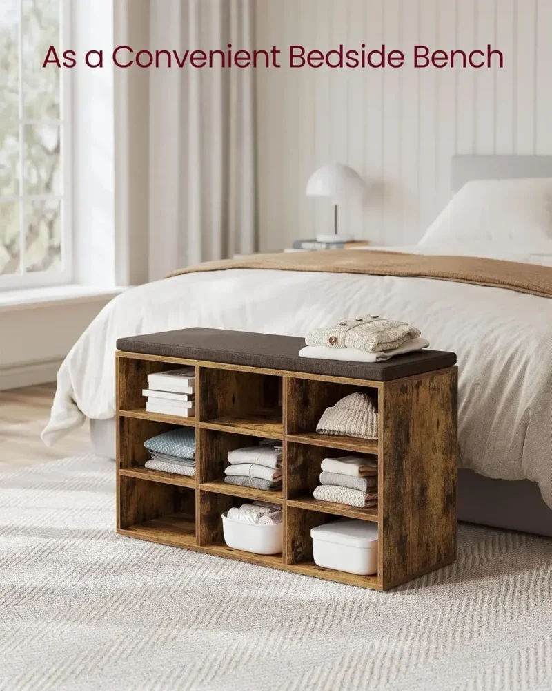 Modern Upholstered Entryway Bench with 9-Compartment Shoe Storage for Bedroom - Image 4