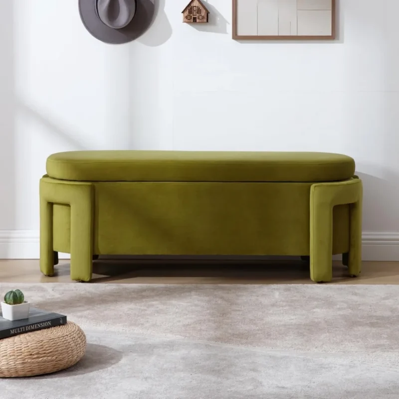 Modern Velvet Storage Ottoman Bench with Safety Hinge for Entryway and Bedroom