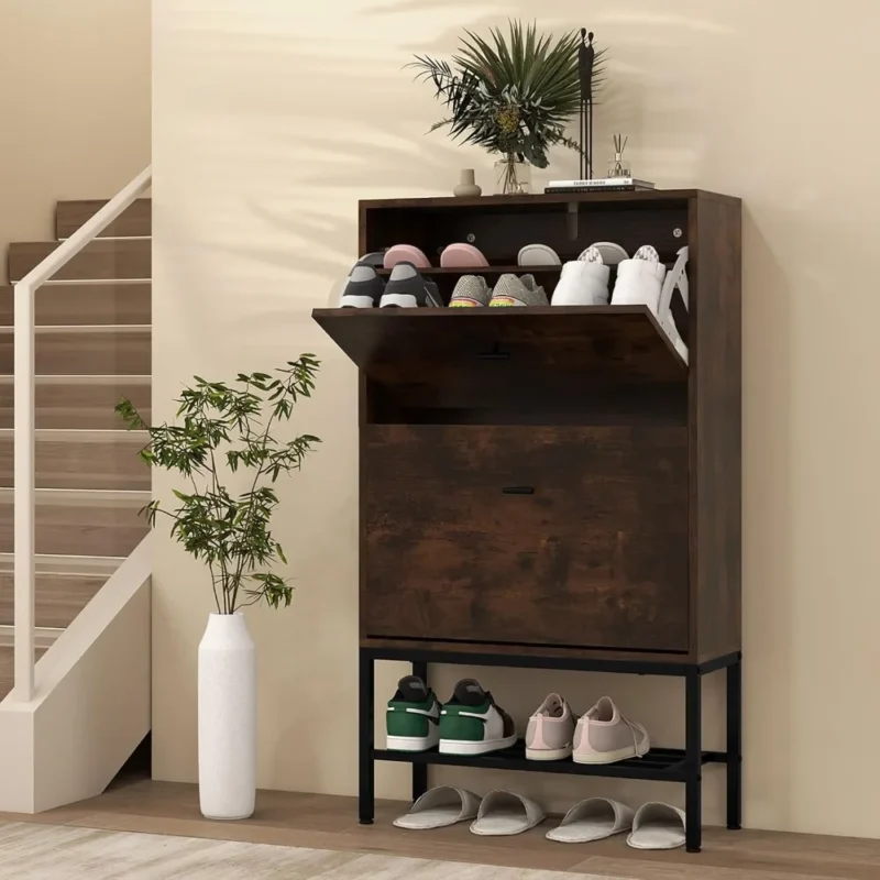 Rustic Wooden Shoe Storage Cabinet with 2 Flip Drawers for Entryway Organization