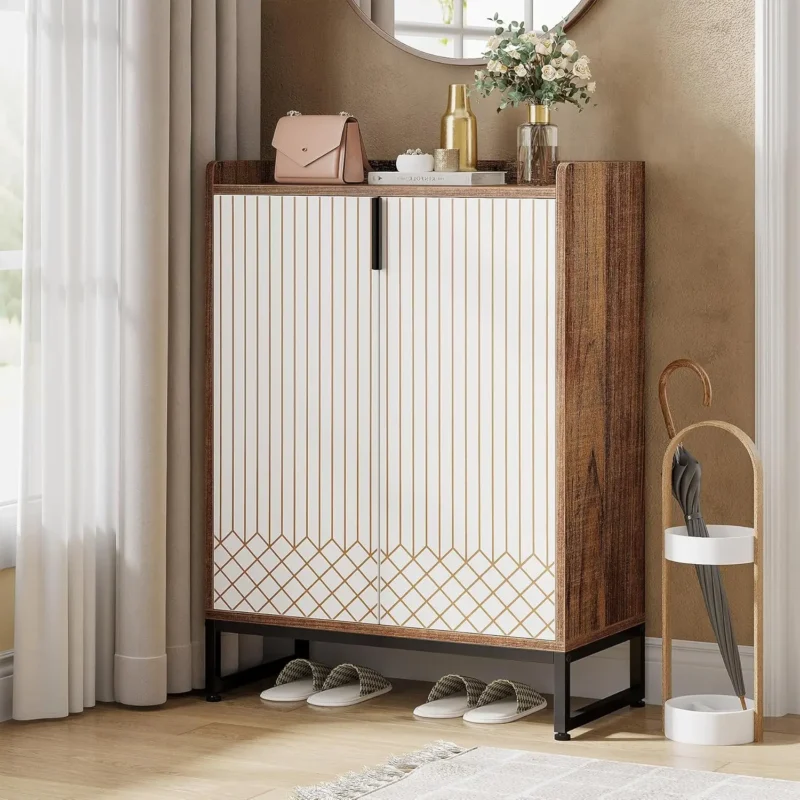 Modern Grey 5-Tier Shoe Cabinet with Doors for Entryway Organization - Image 8