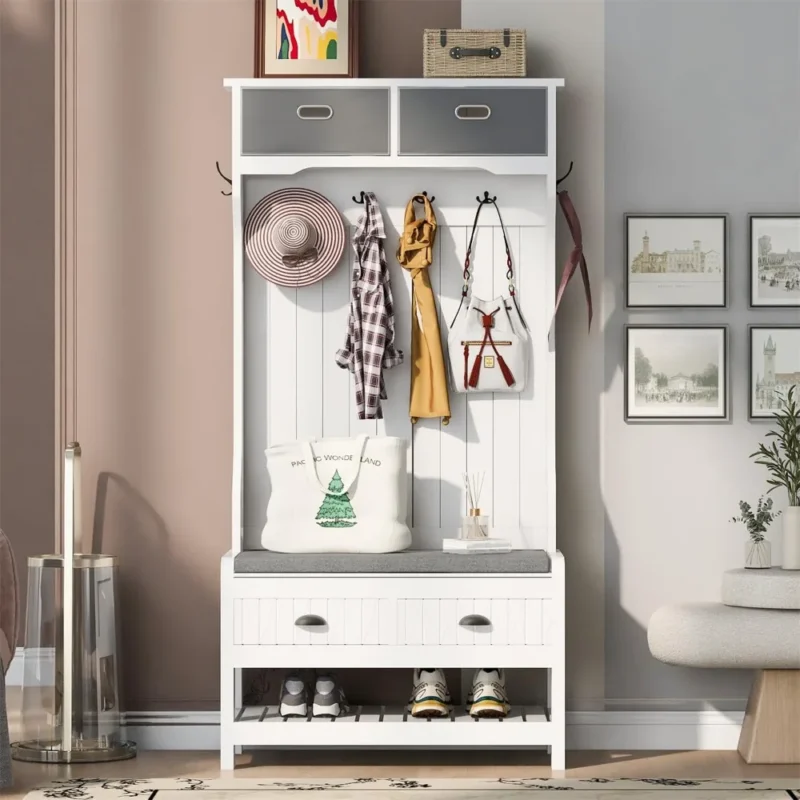 Rustic Hall Tree with Metal Hooks and Storage Drawers for Entryway Organization - Image 2