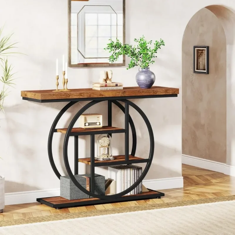 Industrial Wood Entryway Console Table with Storage Shelves and Metal Circle Base - Image 4