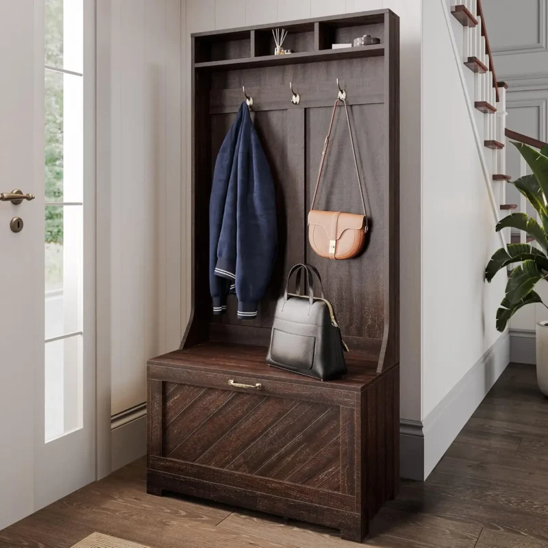 Modern Hall Tree Storage Bench with Coat Rack and Shoe Shelves for Entryway - Image 7