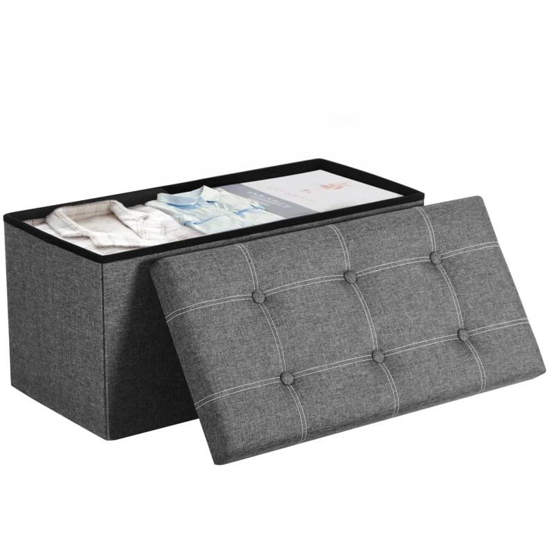 Modern Folding Storage Ottoman Bench with Linen-Look Fabric for Entryway and Living Room