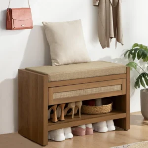Farmhouse Boho Rattan Entryway Bench with Storage Drawer and Cushion for Hallway