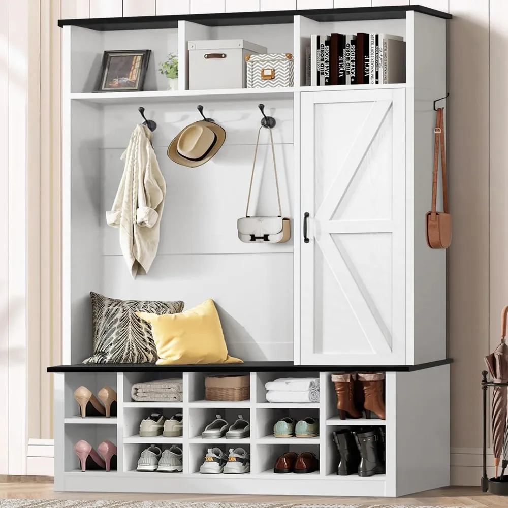 Farmhouse hall tree with integrated bench and storage for entryway