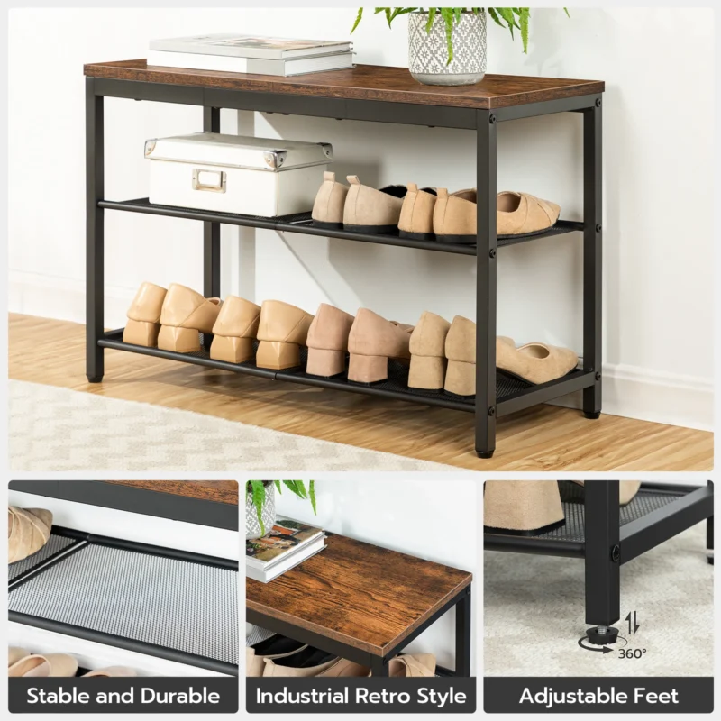 Industrial 3-Tier Shoe Storage Bench with Metal Frame for Entryway and Mudroom - Image 4