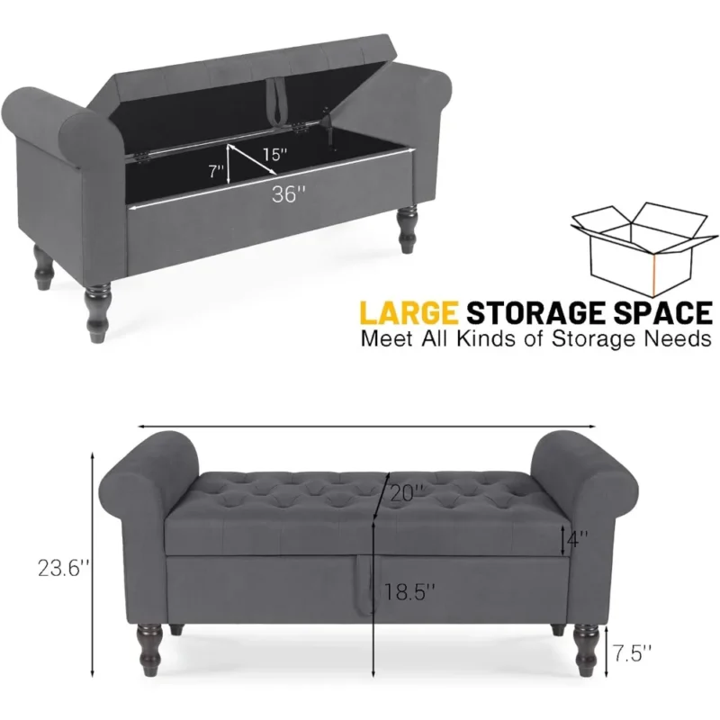 Modern Grey Upholstered Storage Ottoman Bench with Rolled Arms for Bedroom and Entryway - Image 3