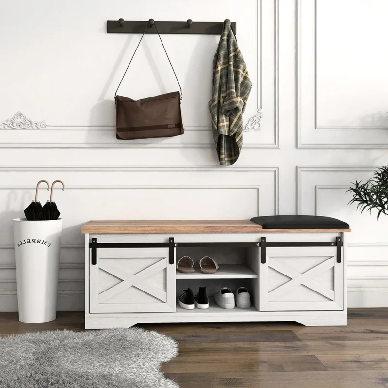 Modern Entryway Bench with Sliding Door Storage and Cushion Seat for Hallway - Image 5