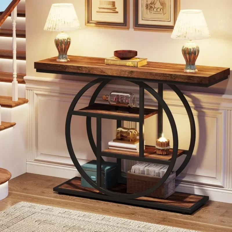 Industrial Wood Entryway Console Table with Storage Shelves and Metal Circle Base - Image 5