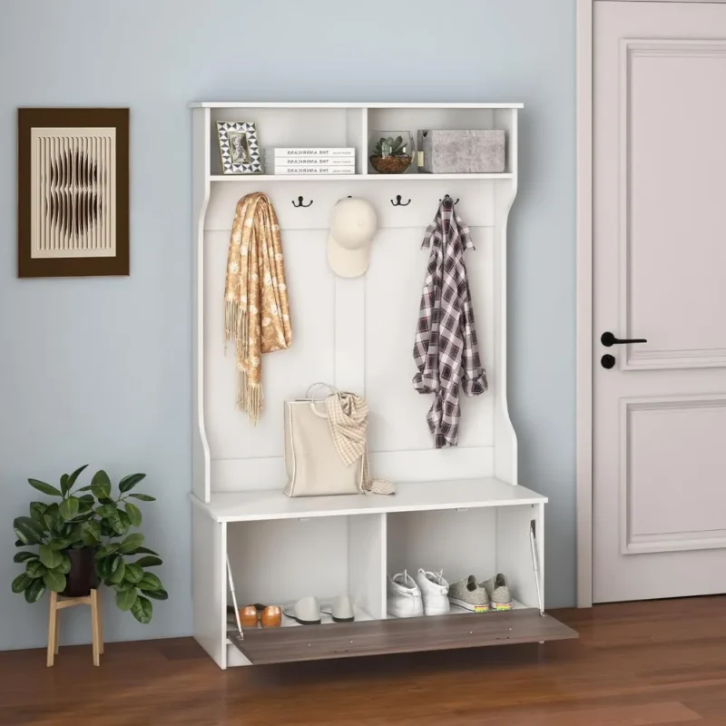 Rustic Wood Hall Tree with Storage Bench and 5 Double Hooks for Entryway - Image 2
