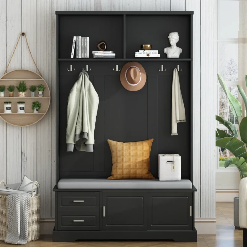 Farmhouse Hall Tree Entryway Bench with Sliding Doors and 6 Hooks for Mudroom - Image 2