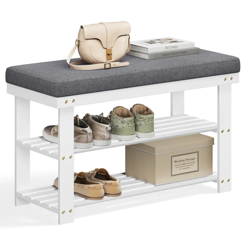 Modern Bamboo Entryway Bench with 3-Tier Shoe Storage for Living Room and Hallway - Image 2