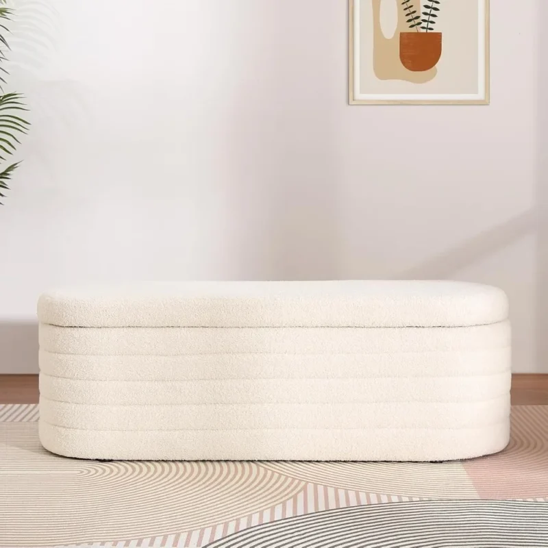 Modern Sherpa Upholstered Ottoman Storage Bench for Entryway and Living Room