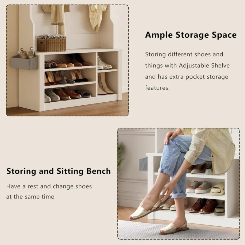 Modern Wood Hall Tree with Storage Bench and Coat Rack for Entryway - Image 5