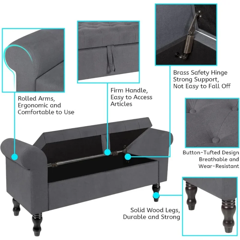 Modern Grey Upholstered Storage Ottoman Bench with Rolled Arms for Bedroom and Entryway - Image 4