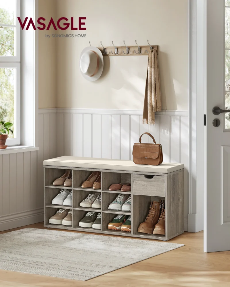 Modern Wooden Entryway Storage Bench with Cushion and Drawer for Living Room - Image 2