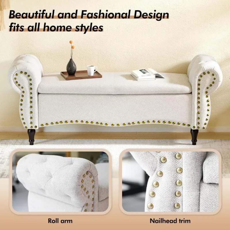 Modern Upholstered Storage Ottoman Bench with Rolled Arms for Living Room and Bedroom - Image 6