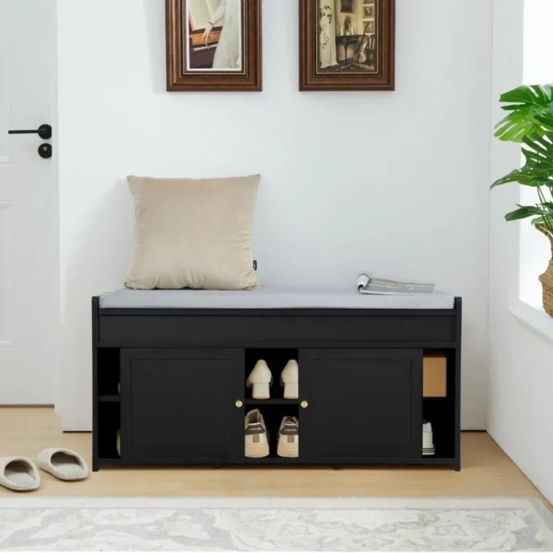 Transitional Storage Entryway Bench with Sliding Doors and Hidden Compartment for Hallway and Bedroom - Image 5