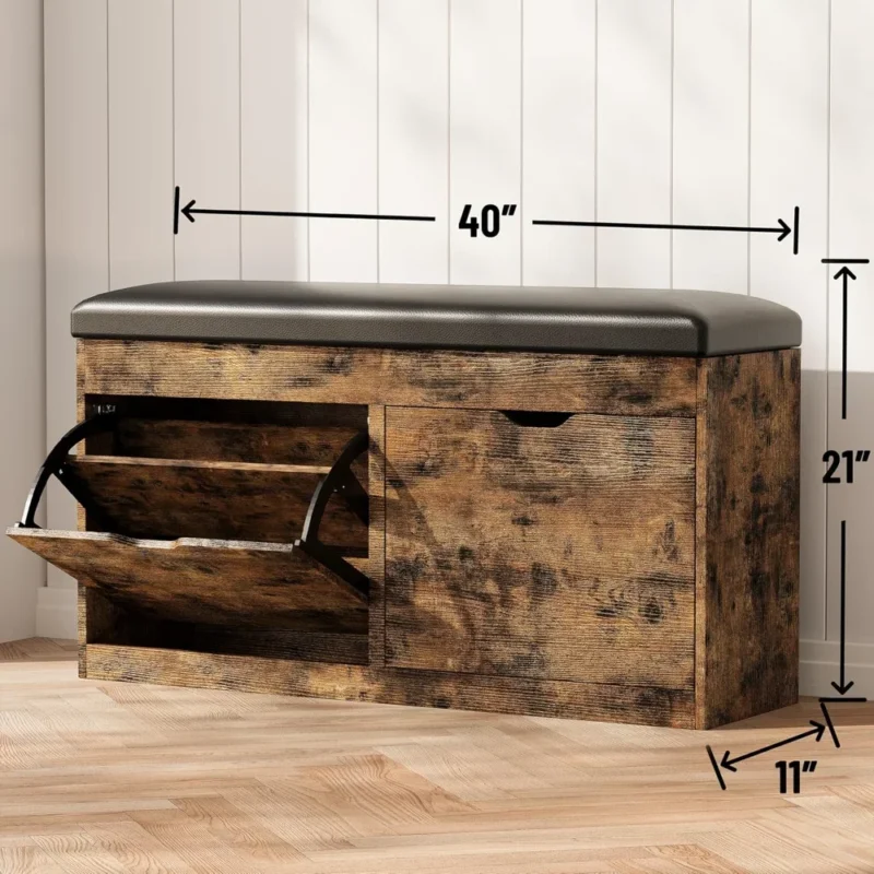 Modern Storage Entryway Bench with Flip Drawers and Cushioned Seat - Image 2