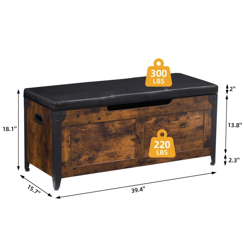 Industrial Wood Entryway Storage Bench with Cushion and Metal Frame - Image 5
