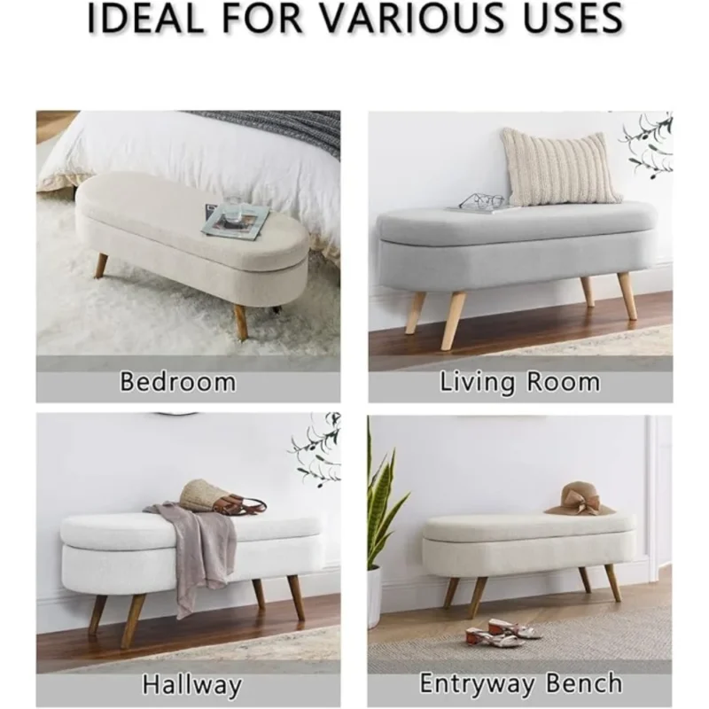 Modern Linen Upholstered Storage Bench with Wood Legs for Entryway and Living Room - Image 6