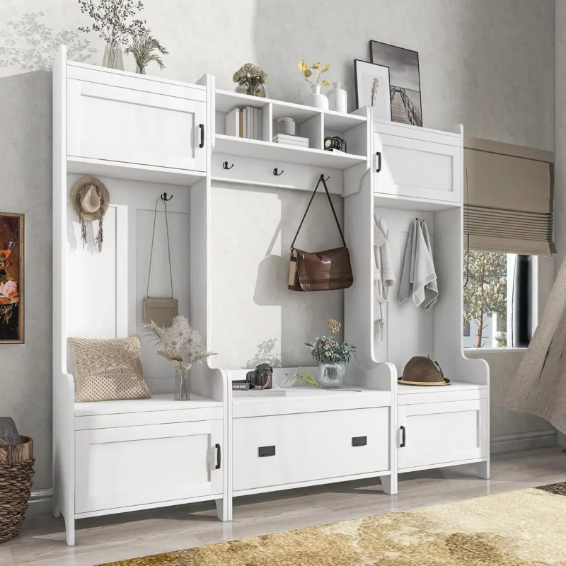 Modern Hall Tree Storage Bench with Coat Rack and Shoe Cabinet for Entryway