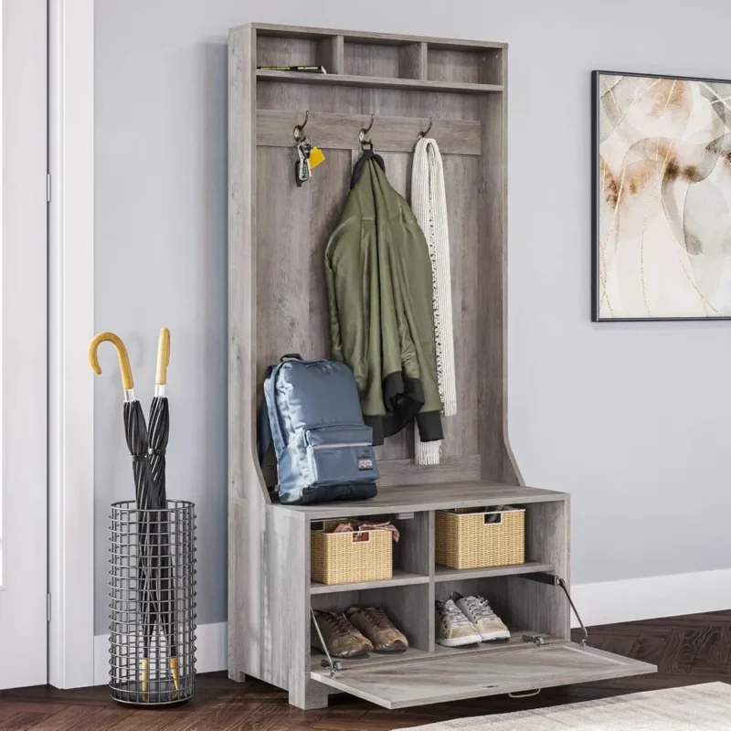 Modern Hall Tree Storage Bench with Coat Rack and Shoe Shelves for Entryway - Image 3
