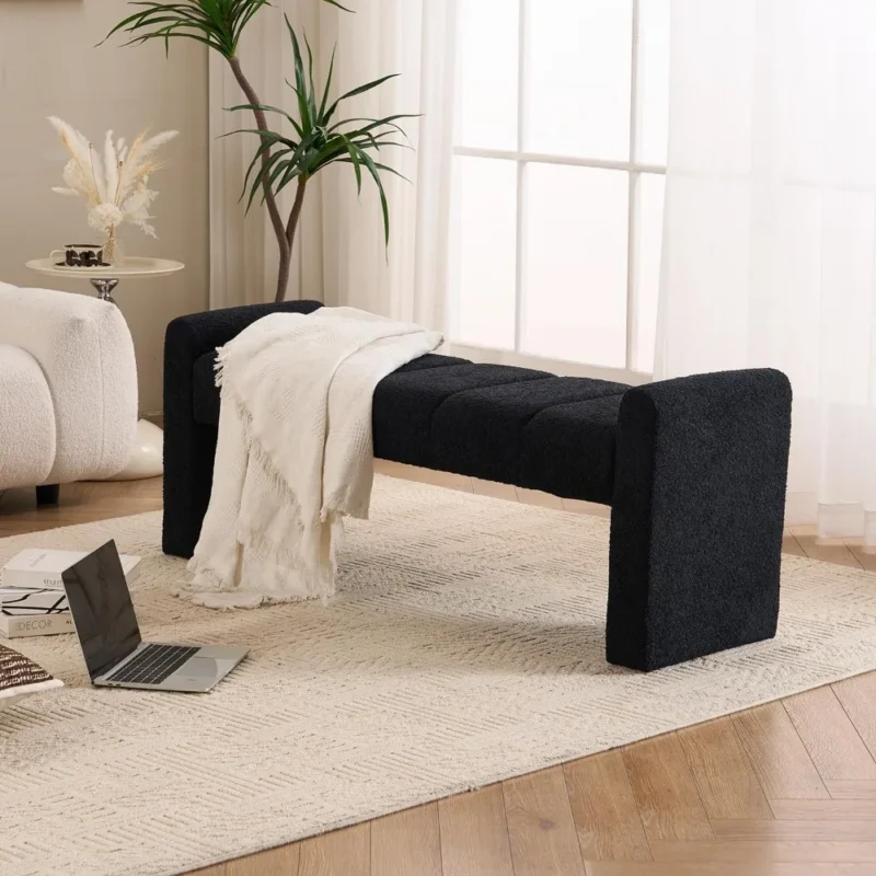 Modern Upholstered 54-Inch Channel Tufted Bench with Boucle Fabric for Bedroom and Living Room - Image 5