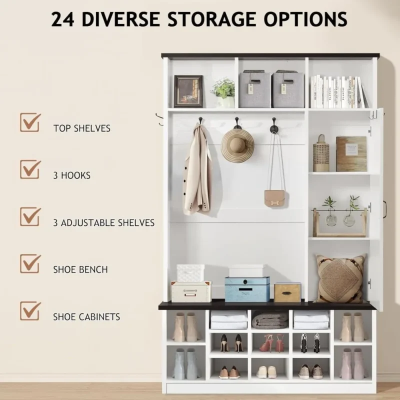 Farmhouse White Hall Tree with Bench and Shoe Storage for Entryway and Mudroom - Image 3