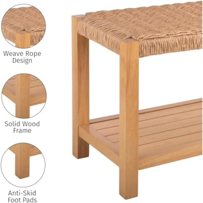 Modern Rustic Woven Rope Entryway Bench with Storage Shelf for Bedroom and Living Room - Image 4