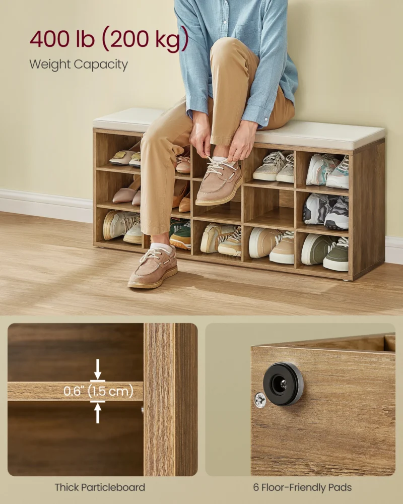 Modern Wooden Entryway Bench with Padded Seat and 15 Shoe Compartments - Image 3