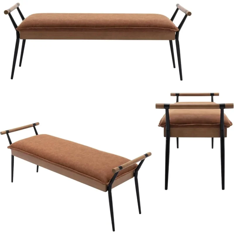 Industrial Brown Wood Entryway Bench with Arms and Shoe Storage for Living Room - Image 3