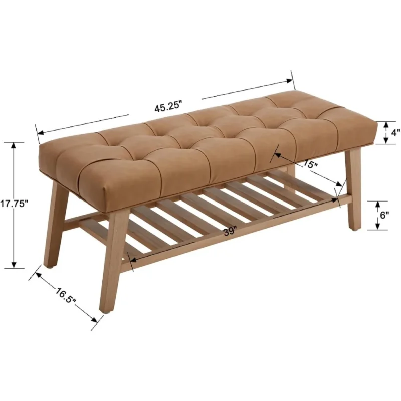 Modern Brown Leather Upholstered Entryway Bench with Shoe Storage for Living Room and Bedroom - Image 2