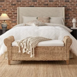 Rustic Upholstered Rattan Storage Ottoman Bench with Roll Arms for Bedroom & Living Room