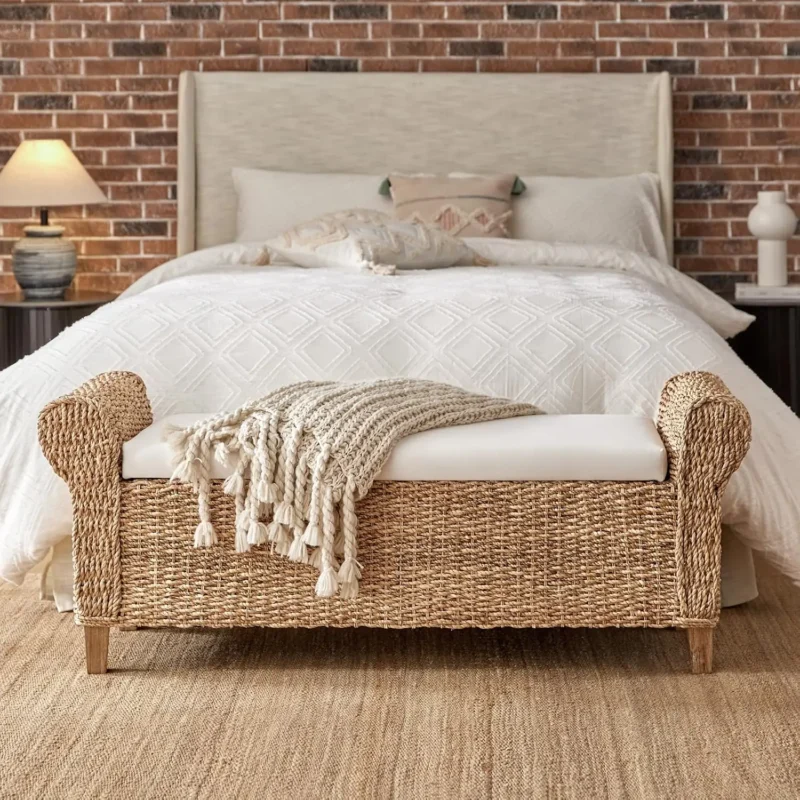 Rustic Upholstered Rattan Storage Ottoman Bench with Roll Arms for Bedroom & Living Room