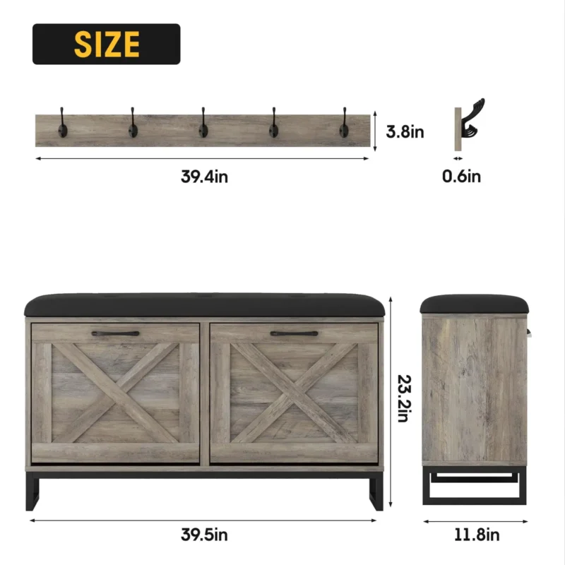 Modern Wooden Hall Tree Bench with Padded Cushion and Shoe Storage for Entryway - Image 2