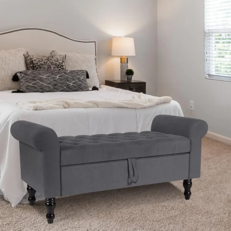 Modern Grey Upholstered Storage Ottoman Bench with Rolled Arms for Bedroom and Entryway - Image 2