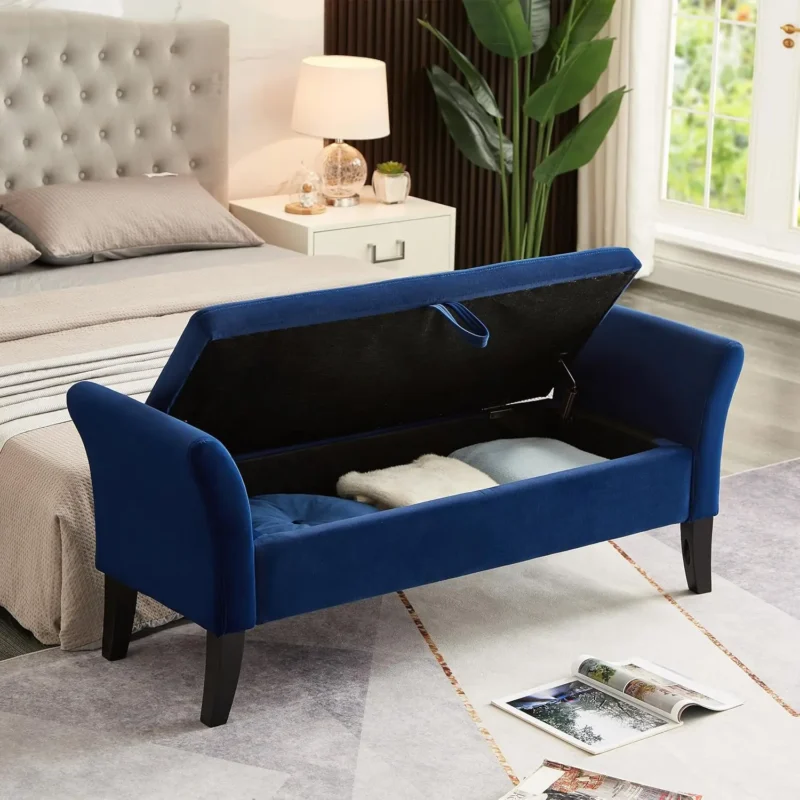 Modern Velvet Tufted Storage Ottoman Bench with Wooden Legs for Bedroom and Living Room - Image 2