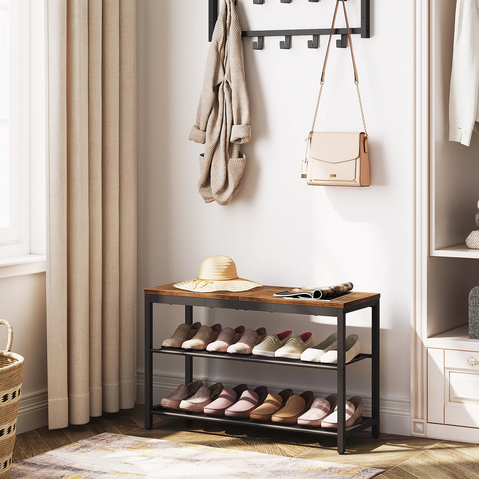 Industrial shoe storage bench with tiered shelving perfect for maximizing organization in compact entryways