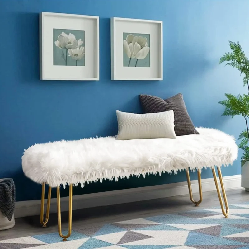 Modern Black Faux Fur Ottoman Bench with Gold Legs for Entryway and Bedroom - Image 7