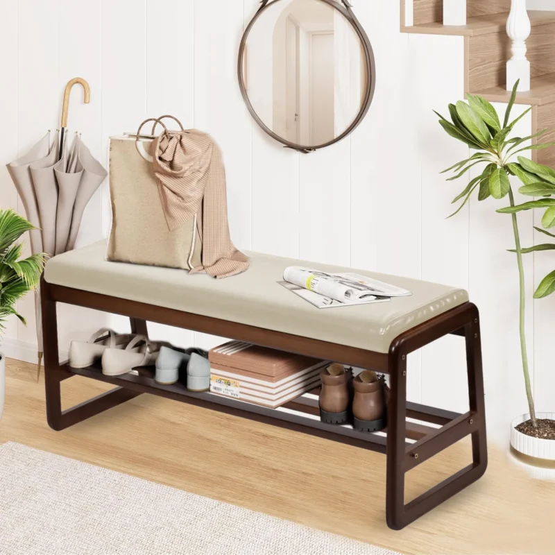 Modern Wood Entryway Bench with Cushioned Seat and Shoe Storage Rack for Hallway - Image 7