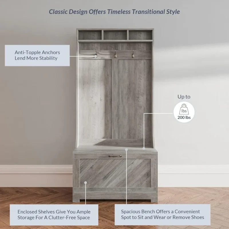 Modern Hall Tree Storage Bench with Coat Rack and Shoe Shelves for Entryway - Image 5