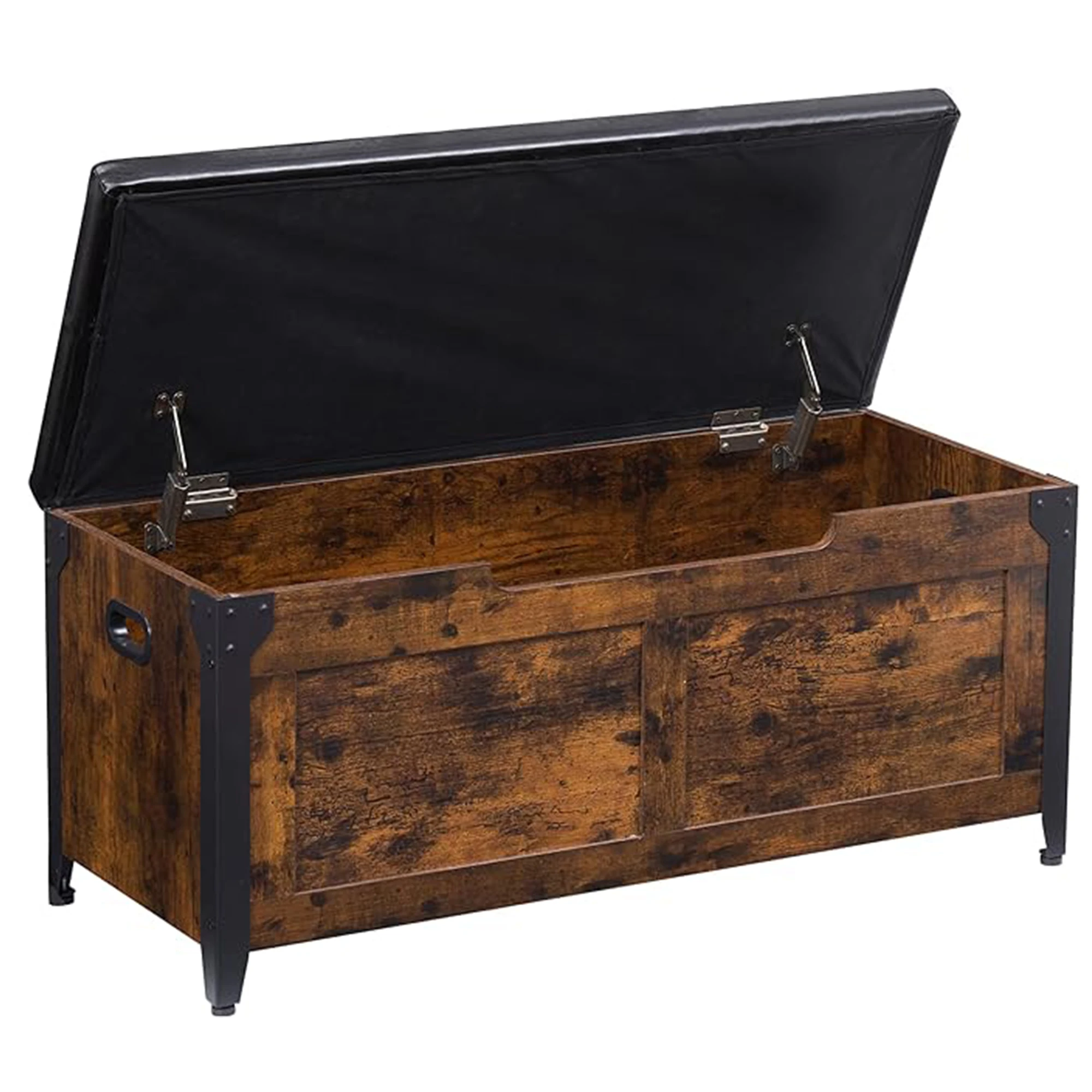 Industrial entryway storage bench with cushion showing proper maintenance for longevity