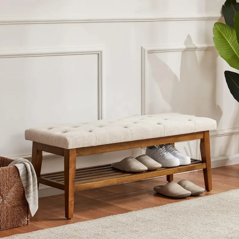 Modern Beige Upholstered Button-Tufted Entryway Bench with Wood Frame for Living Room - Image 7