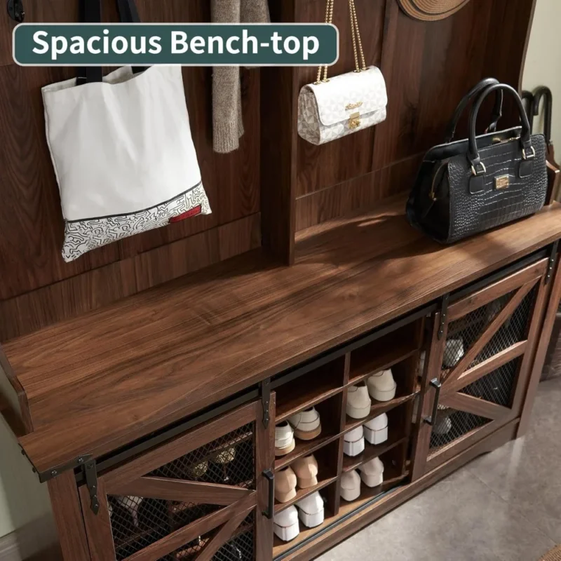 Farmhouse Wood Hall Tree with 12 Shoe Cubbies and 7 Coat Hooks for Entryway - Image 5