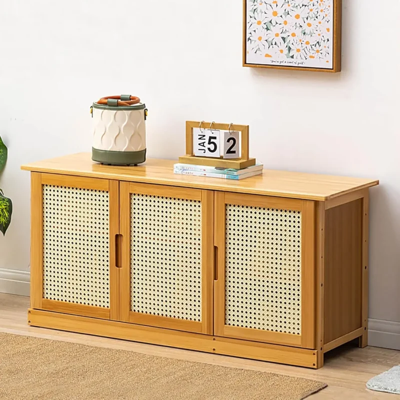 Modern Bamboo Entryway Bench with 3-Door Shoe Storage for Hallway and Living Room - Image 2