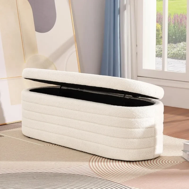 Modern Sherpa Upholstered Ottoman Storage Bench for Entryway and Living Room - Image 3