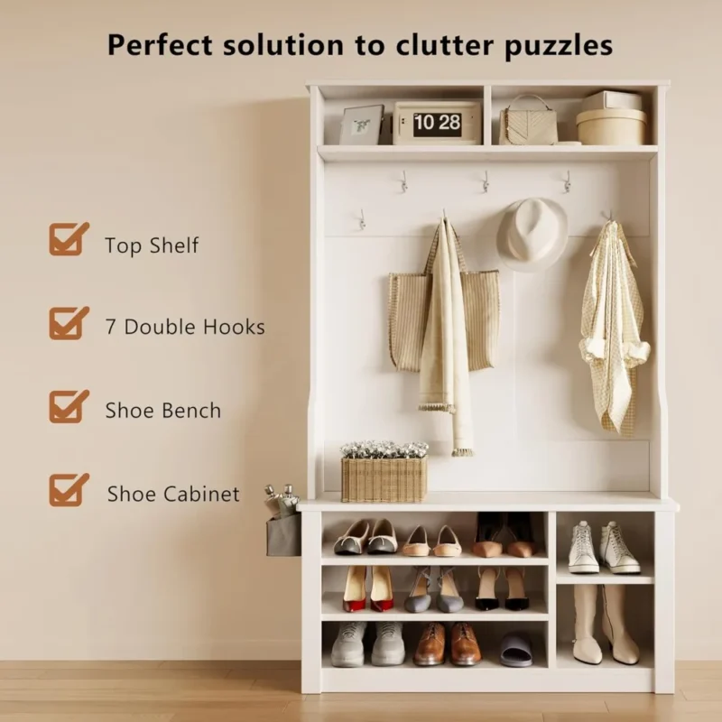 Modern Wood Hall Tree with Storage Bench and Coat Rack for Entryway - Image 2