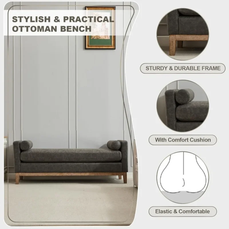 Modern Grey Upholstered Entryway Bench with Bolster Pillows and Wood Legs - Image 5